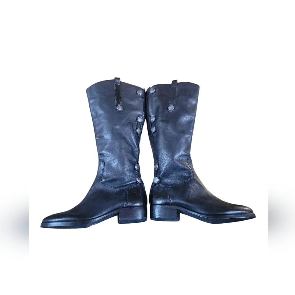 Arturo Chaing Black Leather Silver Button Embellished Pull on Boots Sz 7